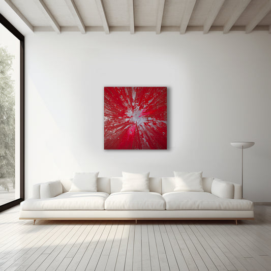 “Melted Silver on red lava” 2020, (In situ). Acrylic paint on canvas, 110Cm x 110Cm x 4Cm.