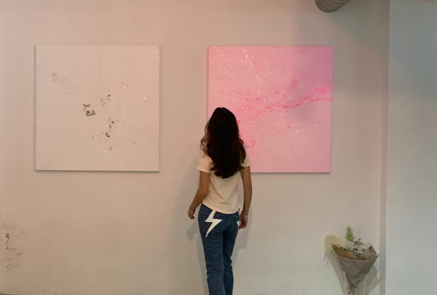 “SUGAR DADDY” 2020, Acrylic paint on canvas with diamond dust and pure silver sheets, 110Cm x 110Cm x 4Cm.