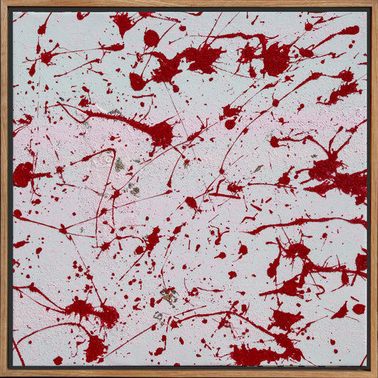 Crimson Constellation, 2026 Acrylic paint on canvas with diamond dust and pure silver 56 × 56 × 4 cm