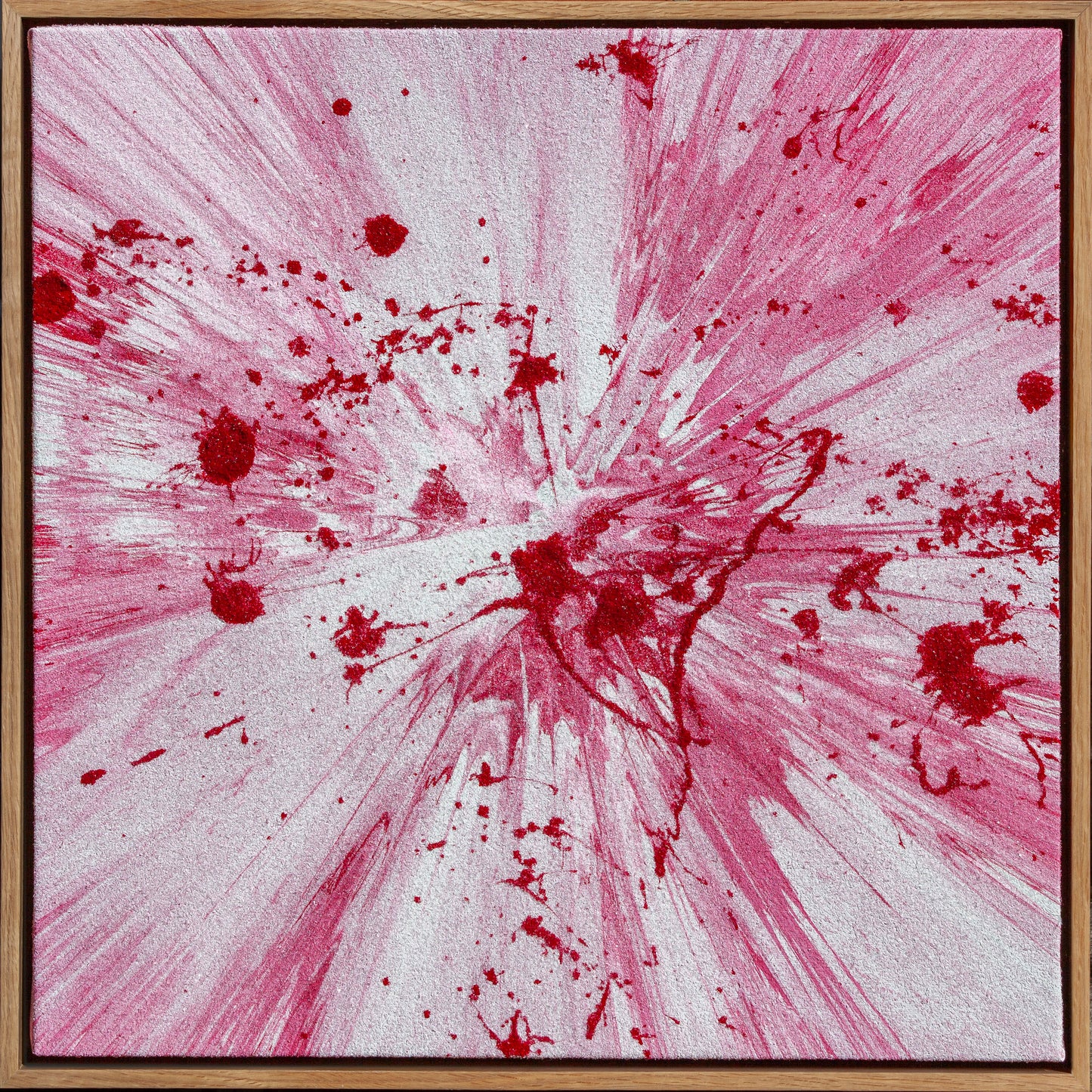 Crimson Cosmos Bloom, 2025 Acrylic paint on canvas with diamond dust 56 × 56 × 4 cm