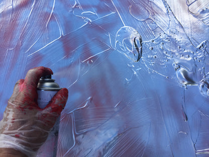 “Melted Silver on red lava” 2020, (In situ). Acrylic paint on canvas, 110Cm x 110Cm x 4Cm.