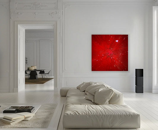“Excess implosion” 2020, Pure silver flakes, diamond dust and acrylic paint on canvas, 110Cm x 110Cm x 4Cm.